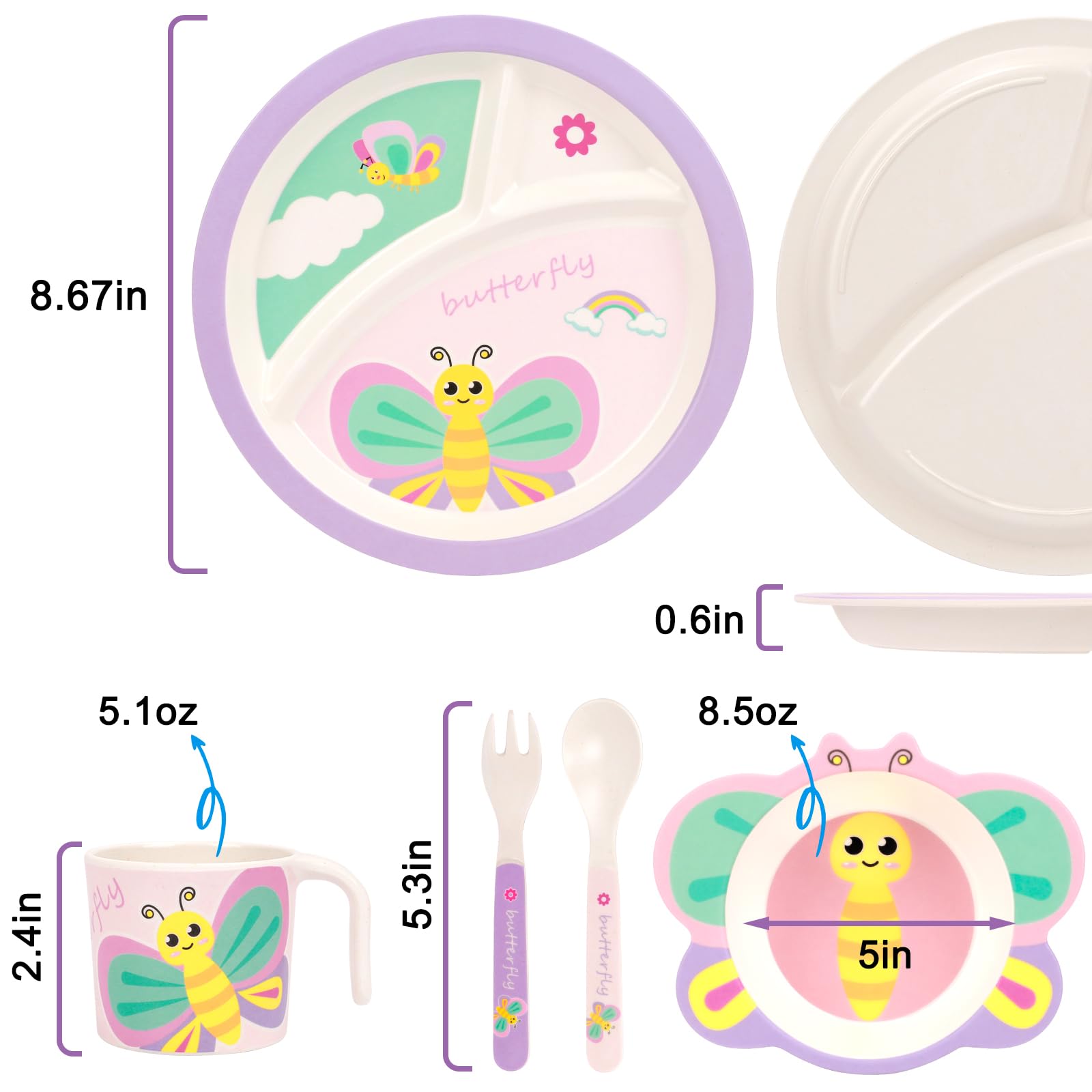 PHEENOWL Kids Dinnerware Set, Includes Toddler Plate Bowl Tumbler and Utensils, BPA Free Bamboo Fiber Material Perfect for Little Girls ()