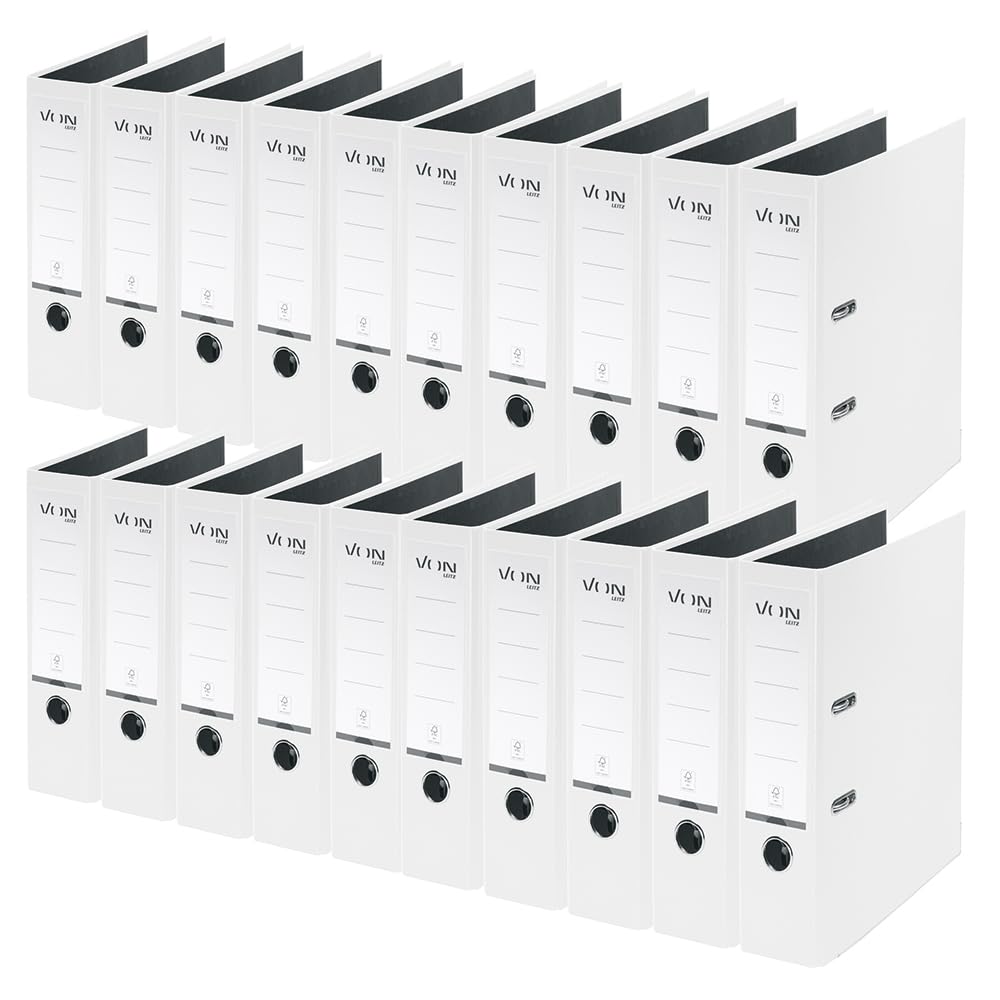 VON Leitz 10550001 segregator A4, opakowanie 20 sztuk, z plastikową okładką, szerokość grzbietu 80 mm, na 600 arkuszy, niebieski anioł i certyfikat FSC, do szkoły, nauki i domu, biały