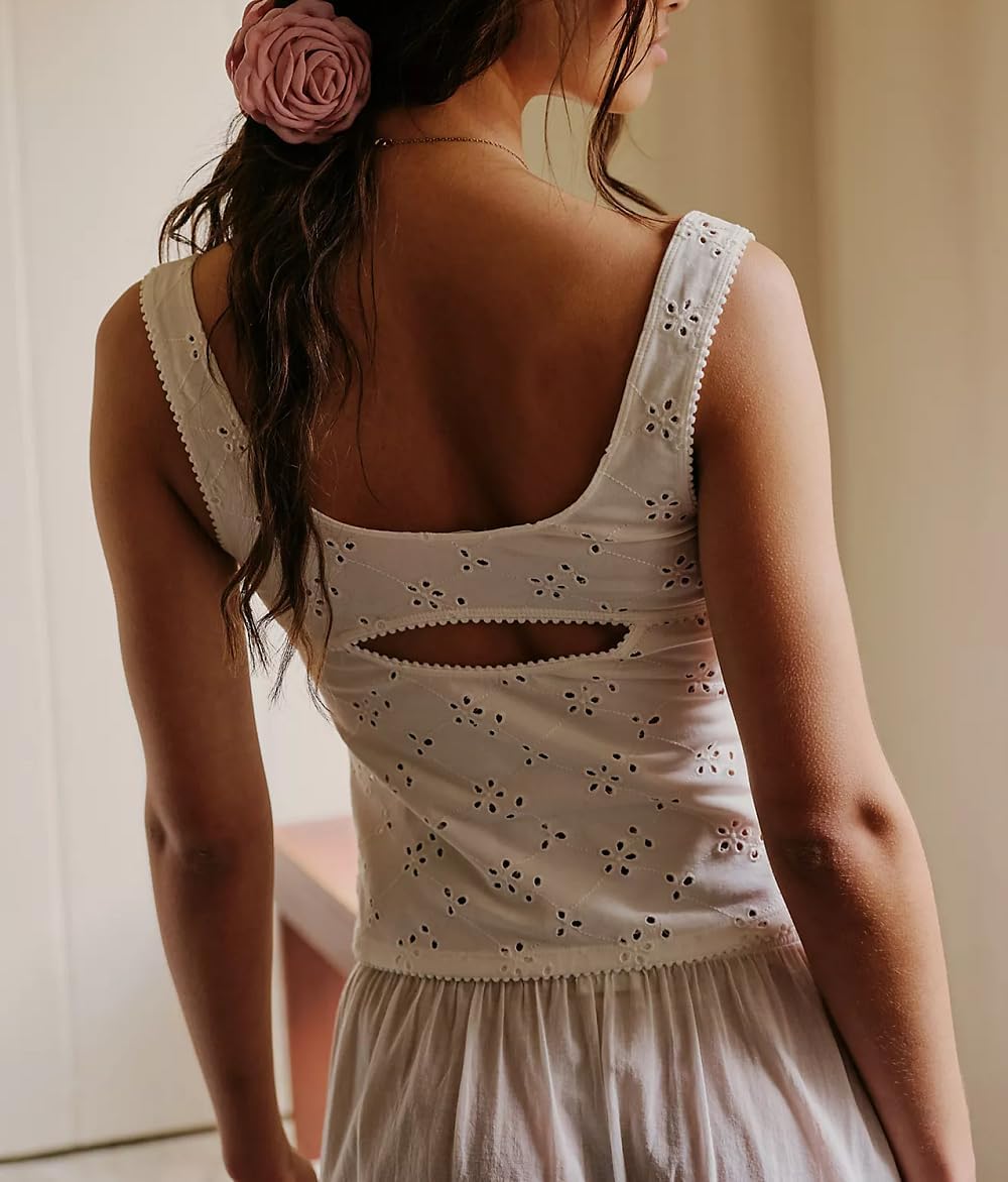 Women Summer Eyelet Cami Tops Y2k Sleeveless Scoop Neck Tank Top Wide Strap Slim Fit Going Out Crop Tops - Image 2