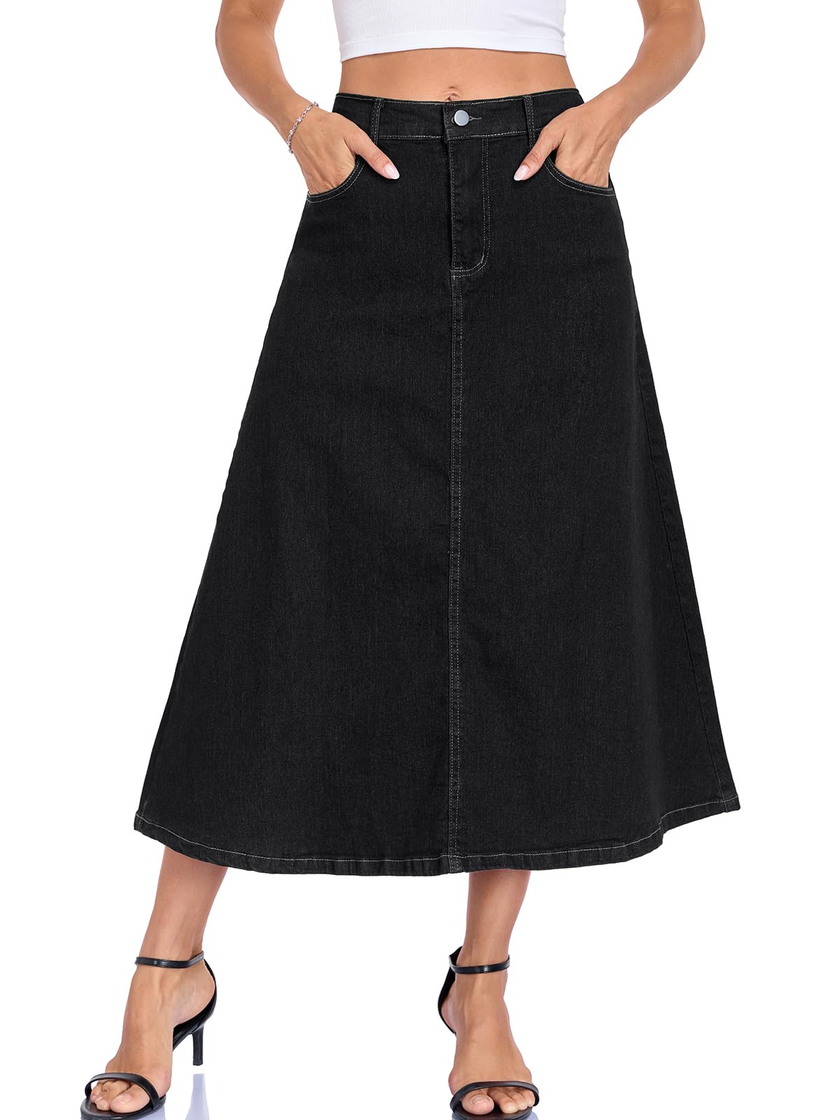 HOTIAN Langer Maxi-Jeansrock für Damen, A-Linie, dehnbar, hoch gewaschen, ausgestellt, Midi-Röcke mit Taschen