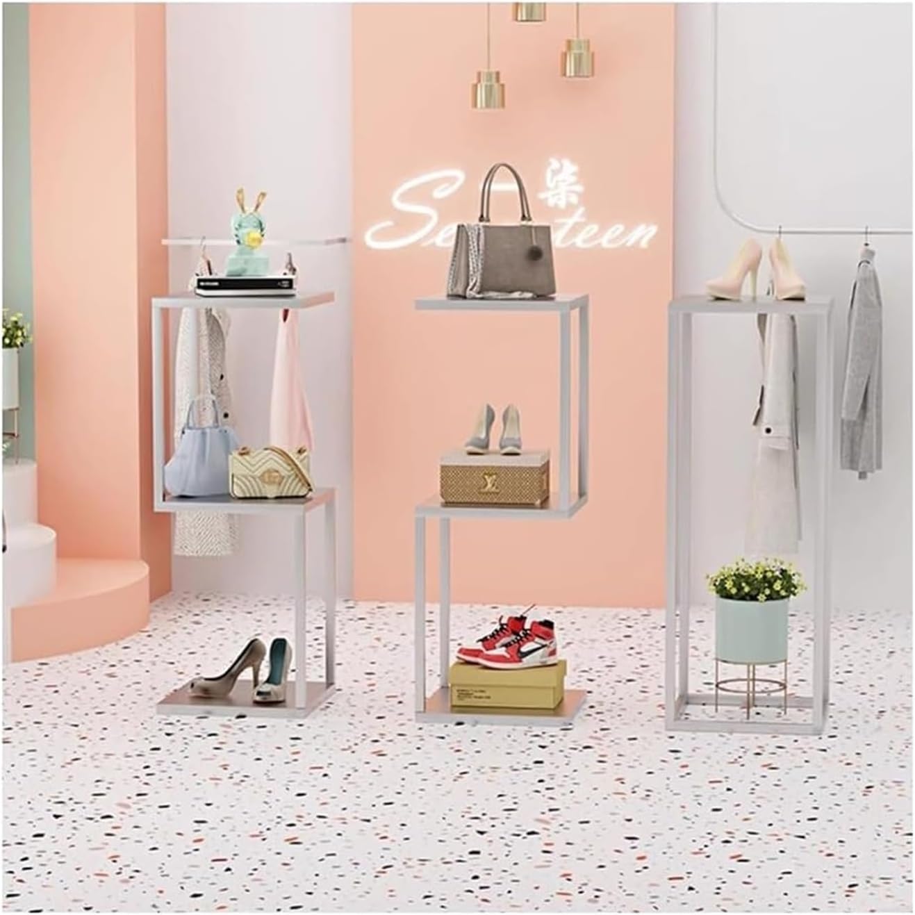 Clothes Rail Garment Rack Metal Shoe Handbag Display Stand, Set of 3 Heavy Duty Display Table Standing Clothing Shoes Display Rack Display Rack for Showcase Window Accessories(Silver)