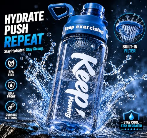 Image of 2 Liters Large Water Bottle With Straw & Handle, Sport Canteen Bottle With Time Marking, Leakproof Gym Water Bottle For Women & Men - Multicolor - Plastic (Light BLue)