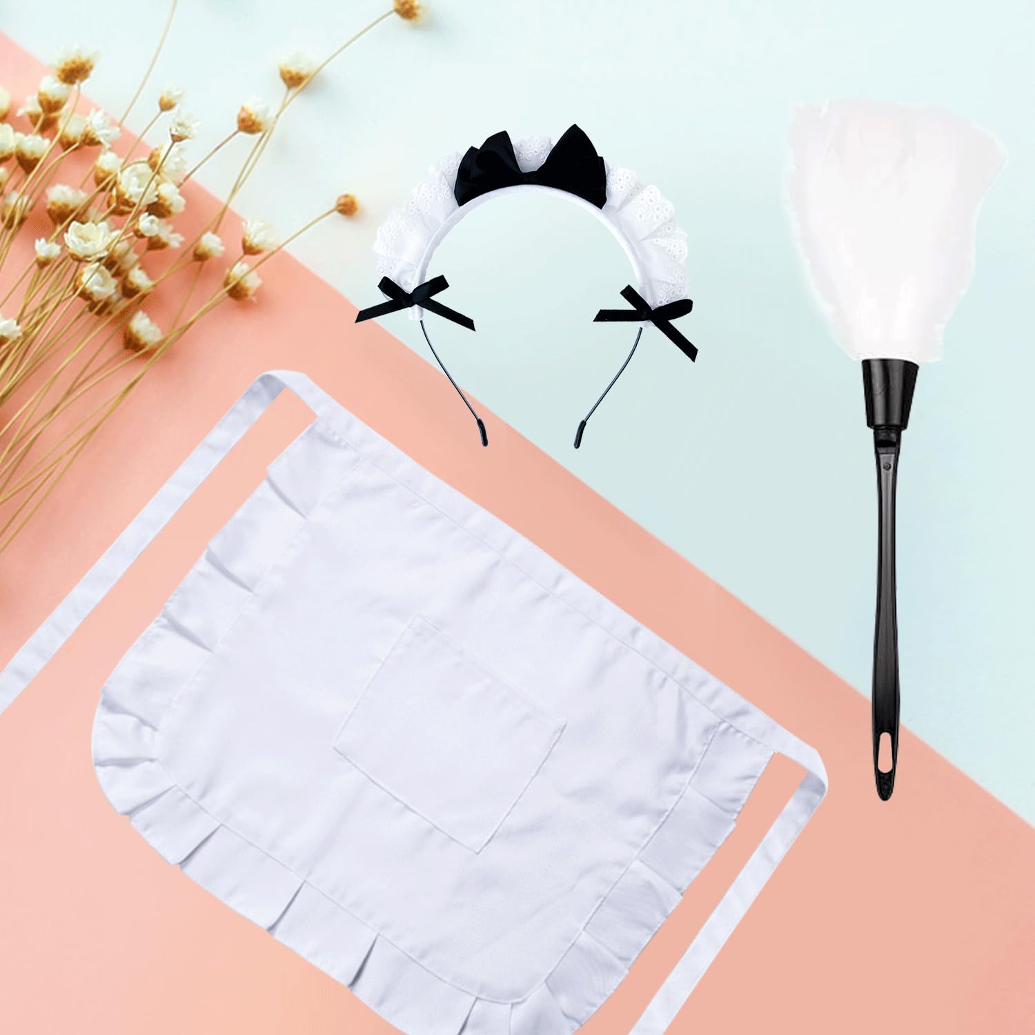 HAICN 3Pieces Maid Costume Accessories Set Halloween Feather Duster French Maid Headband Duster Retro Half Waist Maids Apron Costume Accessory Cosplay Prop for Women - Image 3