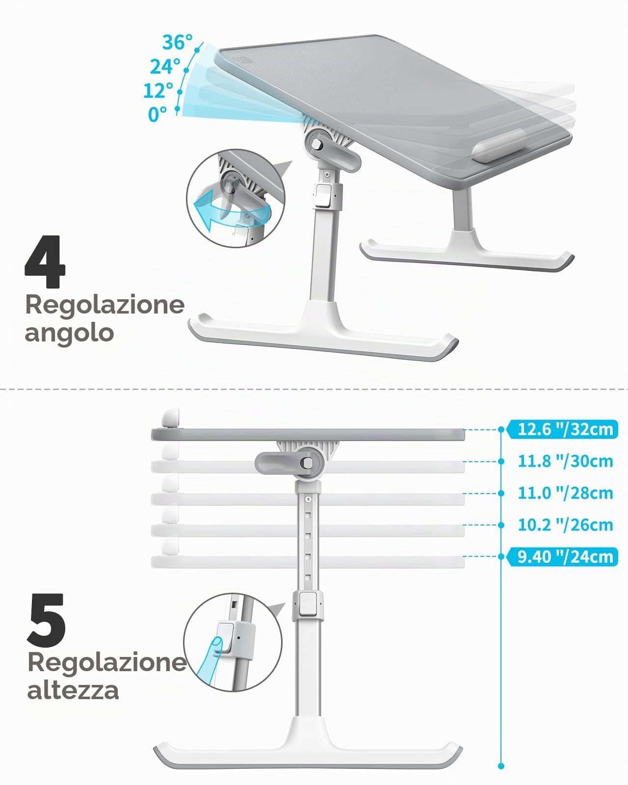 Tavolo da letto, SAIJI Lap Desk, pelle resistente, altezza e angolo di inclinazione, pieghevole, fermo anticaduta, fino a 17in notebook, per letto, divano, tavola (Grigio, 52 * 30cm)