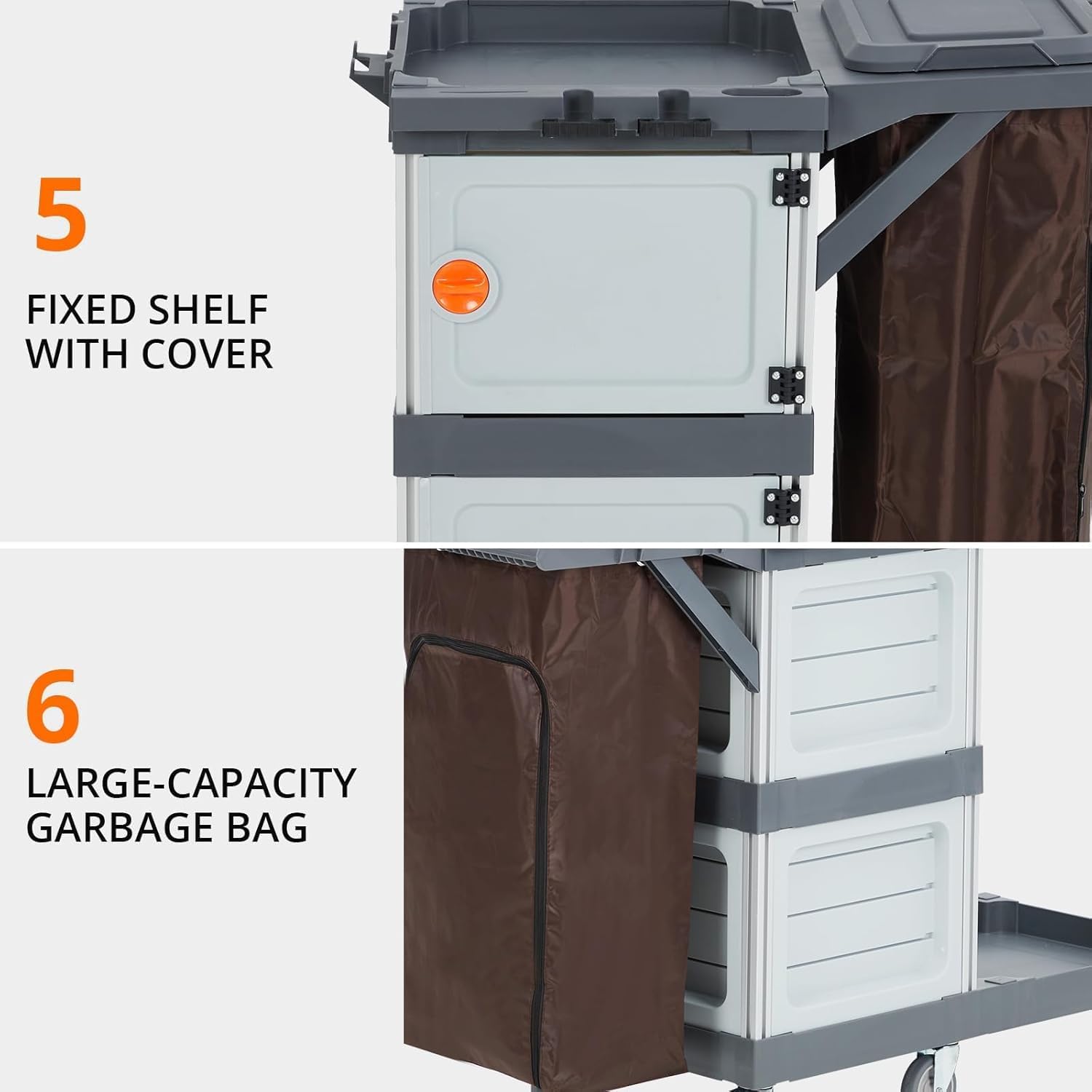 Chariot de Nettoyage Commercial, Chariot de Menage hospitalier Hotel avec 2 Armoires, 3 étagères avec 6 roulettes et Sac en Vinyle pour Bureau, Hôtel, Capacité de 300 LB