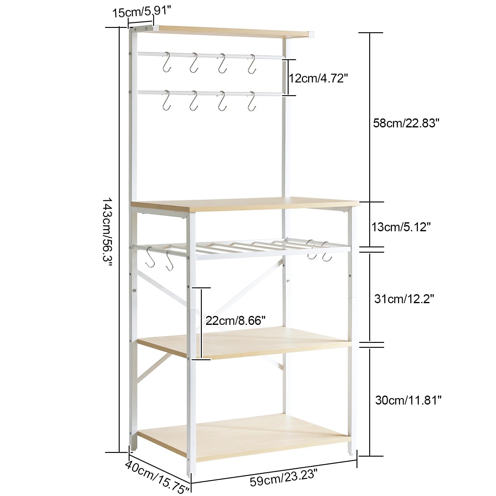 YMYNY Estantería de Cocina, Organizador de Cocina, Soporte para microondas con 5 estantes 12 Ganchos, Botellero Ajustable, para Especia, Estilo Industrial, 59 x 40 x 143CM, Color Natural HBR001R