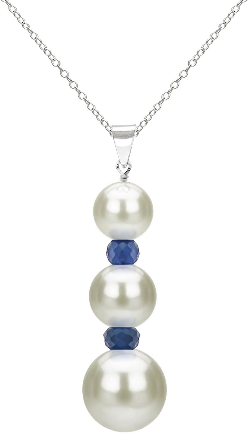 Sterling Silver Pearl Necklace Cultured White Freshwater and Sapphire Pendant Necklace