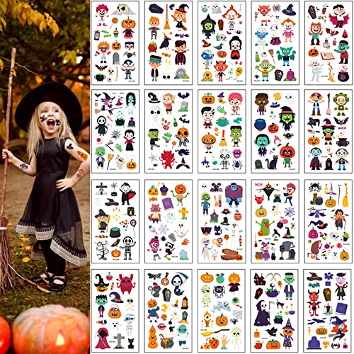 Coszeos 20Sheets Halloween Temporary Tattoos for Kids, Fake Cute Pumpkin Skull Ghost Monster Tattoo Stickers Waterproof for Boys Girls Party Favors Supplies Gifts Face Decals Makeup Props