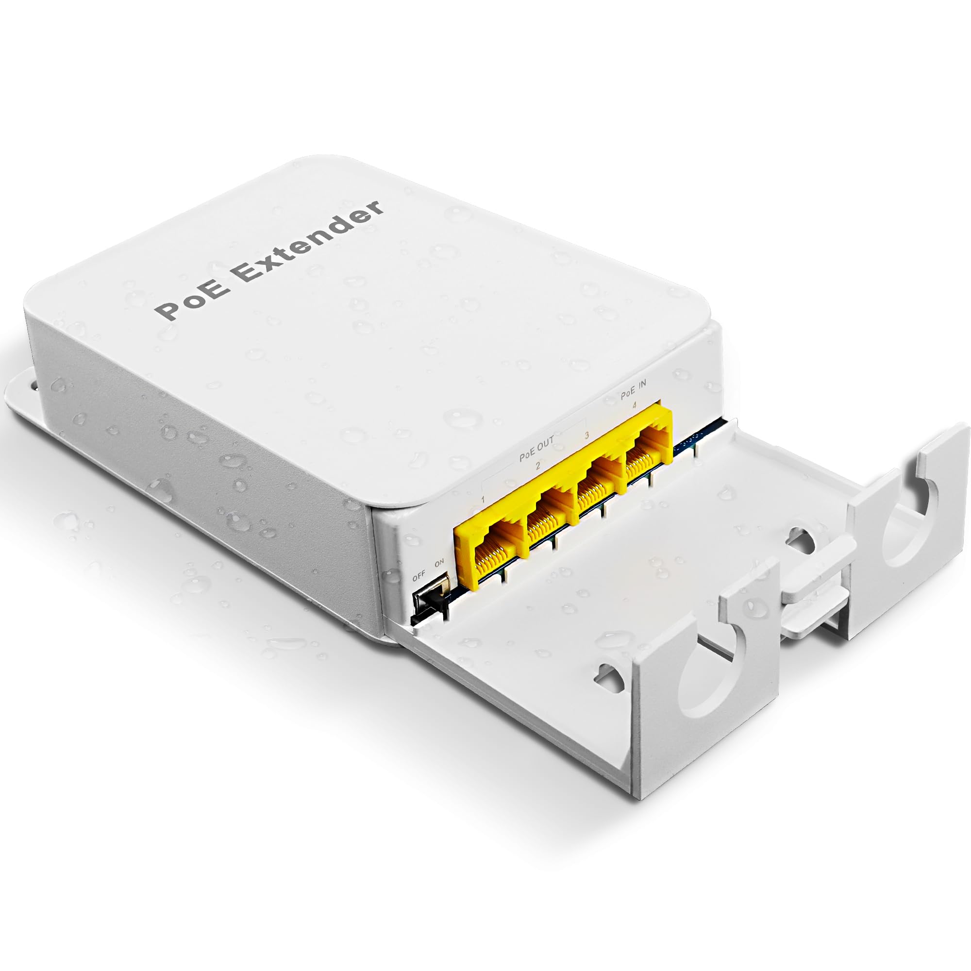 MEIRIYFA Gigabitowy przedłużacz zewnętrzny 4-portowy przełącznik PoE IEEE 802.3 af/at, 1000 Mb/s 1 PoE w 3 wyjścia, wodoodporny 30 W 100 m mocy i danych do wtryskiwacza PoE