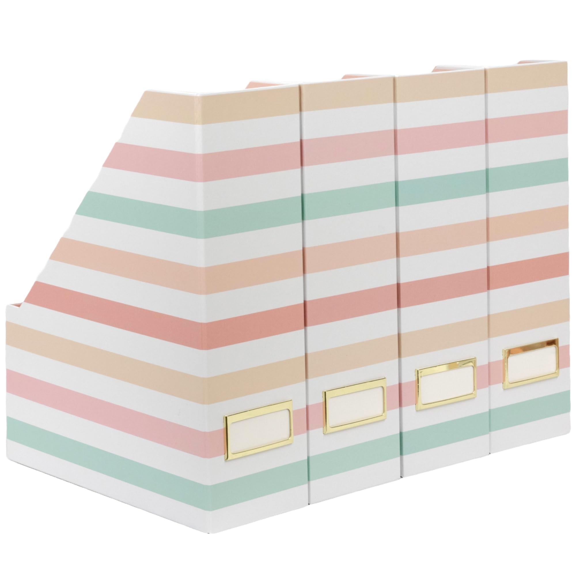 BLU MONACO | Cardboard Magazine File Holder Set of 4 | Vertical Magazine File Holder with Gold Label Slots | Standing File Holder and Cardboard Bins for Shelves Desk Classroom