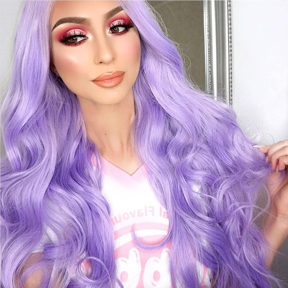 Perruque synthétique violet clair longue ondulée lavande avec dentelle frontale - 8