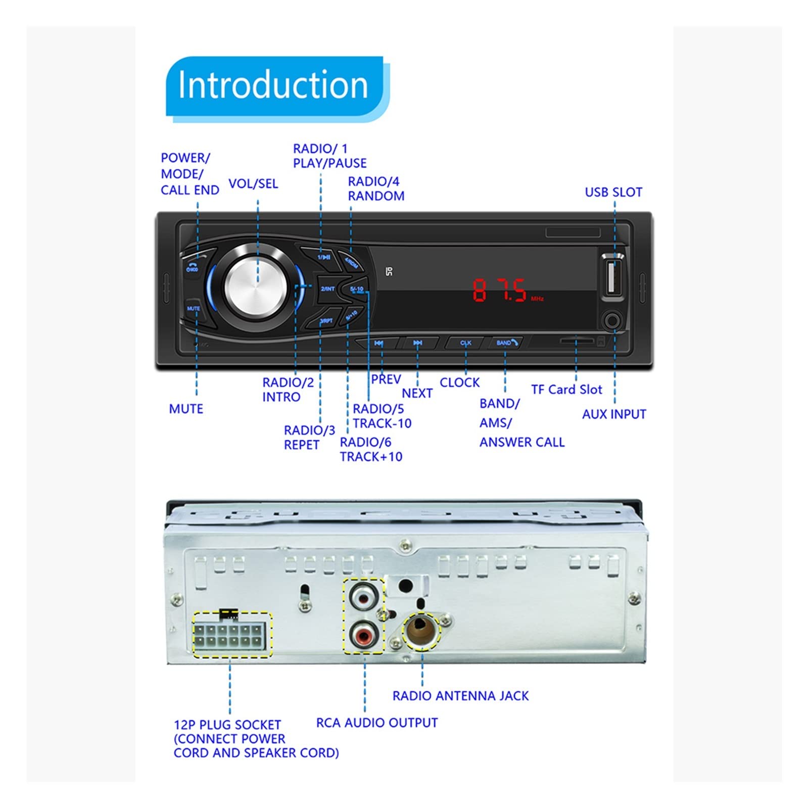 Samochód Fm Radio Digital Bluetooth Audio stereo 12V Radio Autoradio 1din Odtwarzacz mp3 samochodu w Dash USB/TF/Aux-in 5v Ładowarka Przenośny(MP3 Player Only)