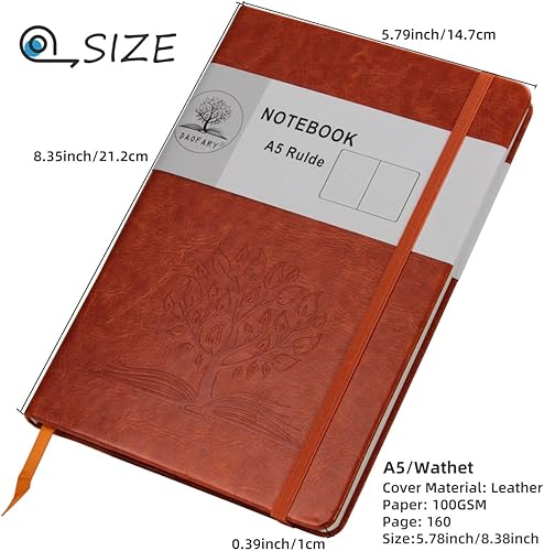 Miniatura 2 de Cuaderno A5 con rayas de cuero, 160 páginas, diario de 3.53 ozm, de papel grueso, tapa dura, con bolsillo, para trabajo, hombres y mujeres, 8.4 x