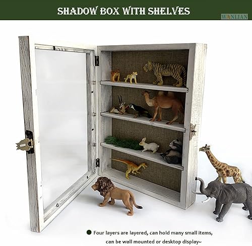 Miniatura 7 de WANLIAN Caja de sombra grande con estantes, caja de sombra de madera de 11 x 16 pulgadas con ventana acrílica, 3 estantes extraíbles y parte trasera