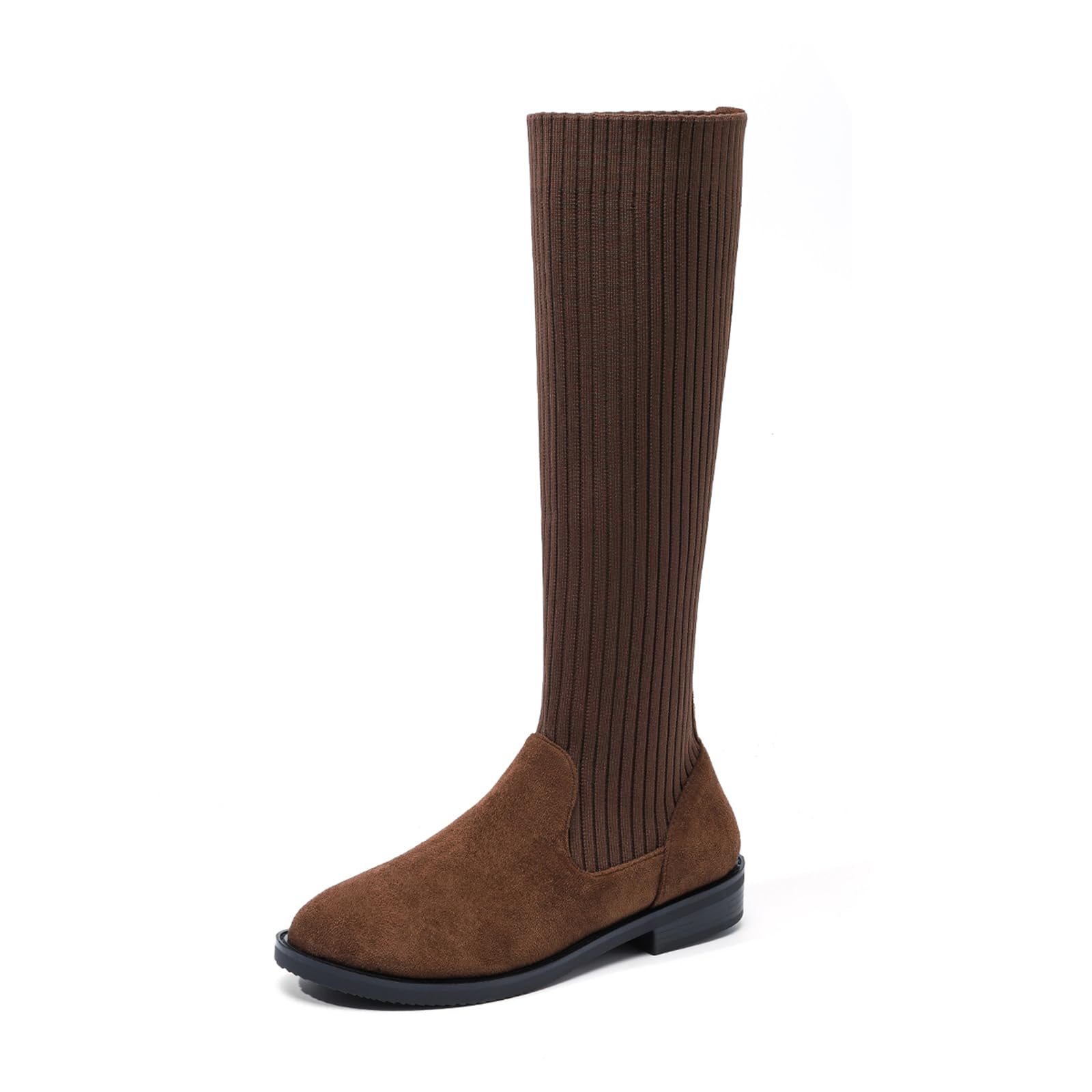 Womens Flat Knee-High Knit Stretch Boots Retro Suede Round Toe Low Block Heel Sexy Dress Knee High Boots