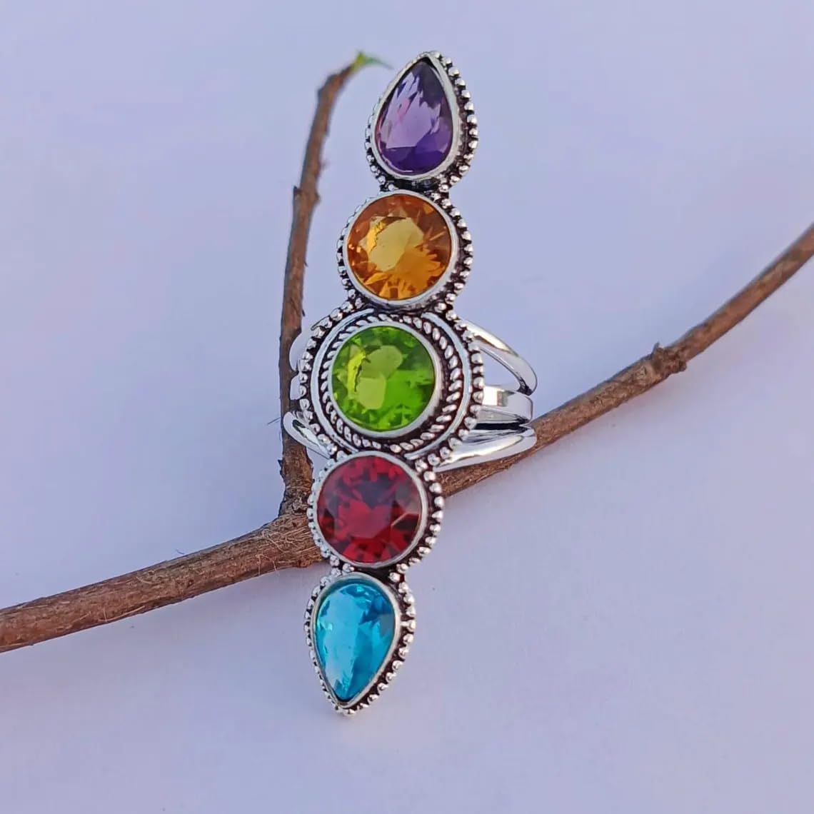 Long Garnet, Peridot, Citrine, Amethyst & Blue Topaz Glass Gemstone Ring, 925 Sterling Silver field Handmade Multi - Gemstone Long Ring Gift For Her, Valentines Day Gifts