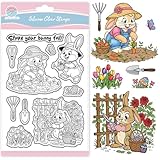 L'emballage comprend:une planche de timbres transparents représentant des lapins jardiniers de dessin animé avec divers motifs., y compris différents œufs de Pâques, jardinier lapin, outils de jardinage, lapin arrosant, lapin planteur, lapin élagueur, offrant plusieurs options adaptées à vos besoins