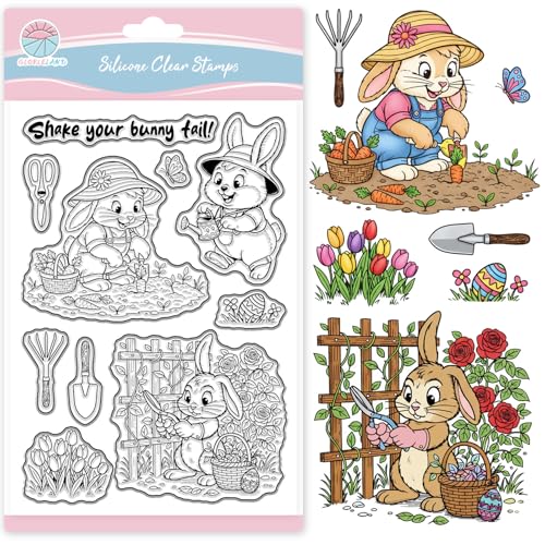 GLOBLELAND Tampon Transparent Lapin Jardinier de Dessin Animé pour Scrapbooking Printemps et...