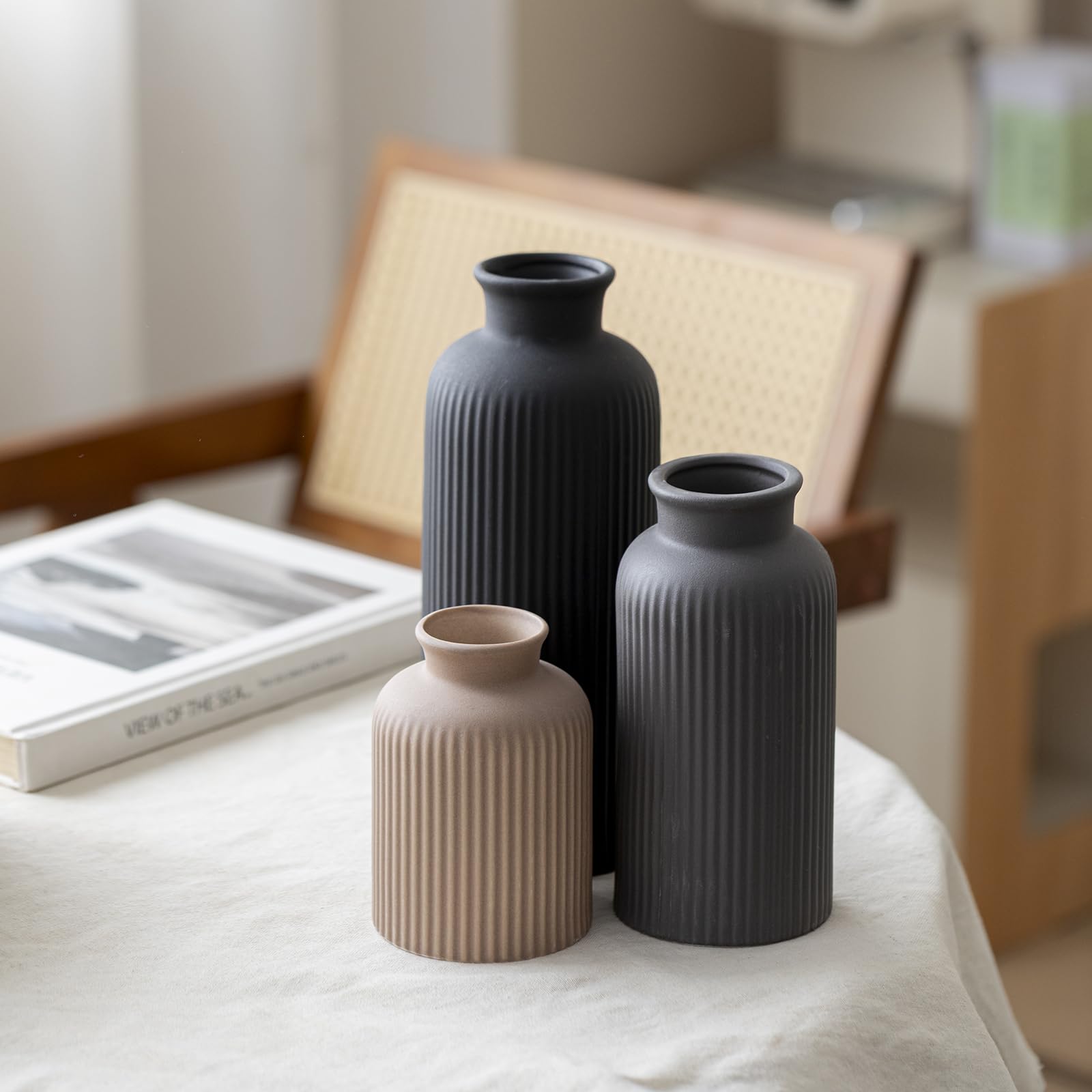 Set di vasi in ceramica moderno e grande, finitura opaca a coste nere, 3 pezzi, vasi decorativi per casa, soggiorno, ufficio, altezza 25,4 cm, larghezza 10,2 cm (mix nero XL)