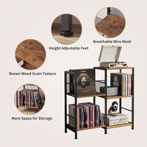 Miniatura 5 de Soporte para tocadiscos, almacenamiento de discos de vinilo de hasta 300 álbumes, mesa auxiliar de 5 niveles con gabinete de almacenamiento, soporte