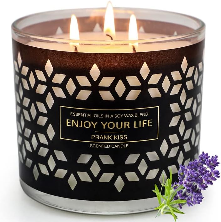 Scented Candle 3 Wick, Large Jar Candle with Lid 14 oz Soy Wax Essential Lavender Wood for Home Fragrance Gift Set for Her, Home Decor Up to 75 Hours Aromatherapy for Women Wife Mother Gifts