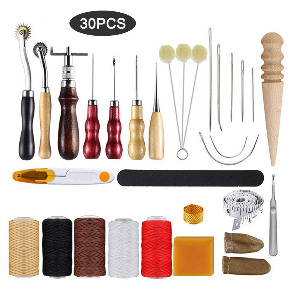 Blusea Leather Tool Kit, Leather Working Tools, Basic Leather Sewing Repair Kit, Hand Sewing Needles Awl for Leather Shoes Bag Belt Repairing Stitching, 30pcs