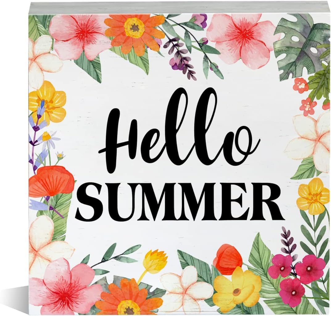 Pibonto Men's Desk Decor 7X7 Inch Hello Summer Floral Sign - Colorful Decor For Summer Shelves