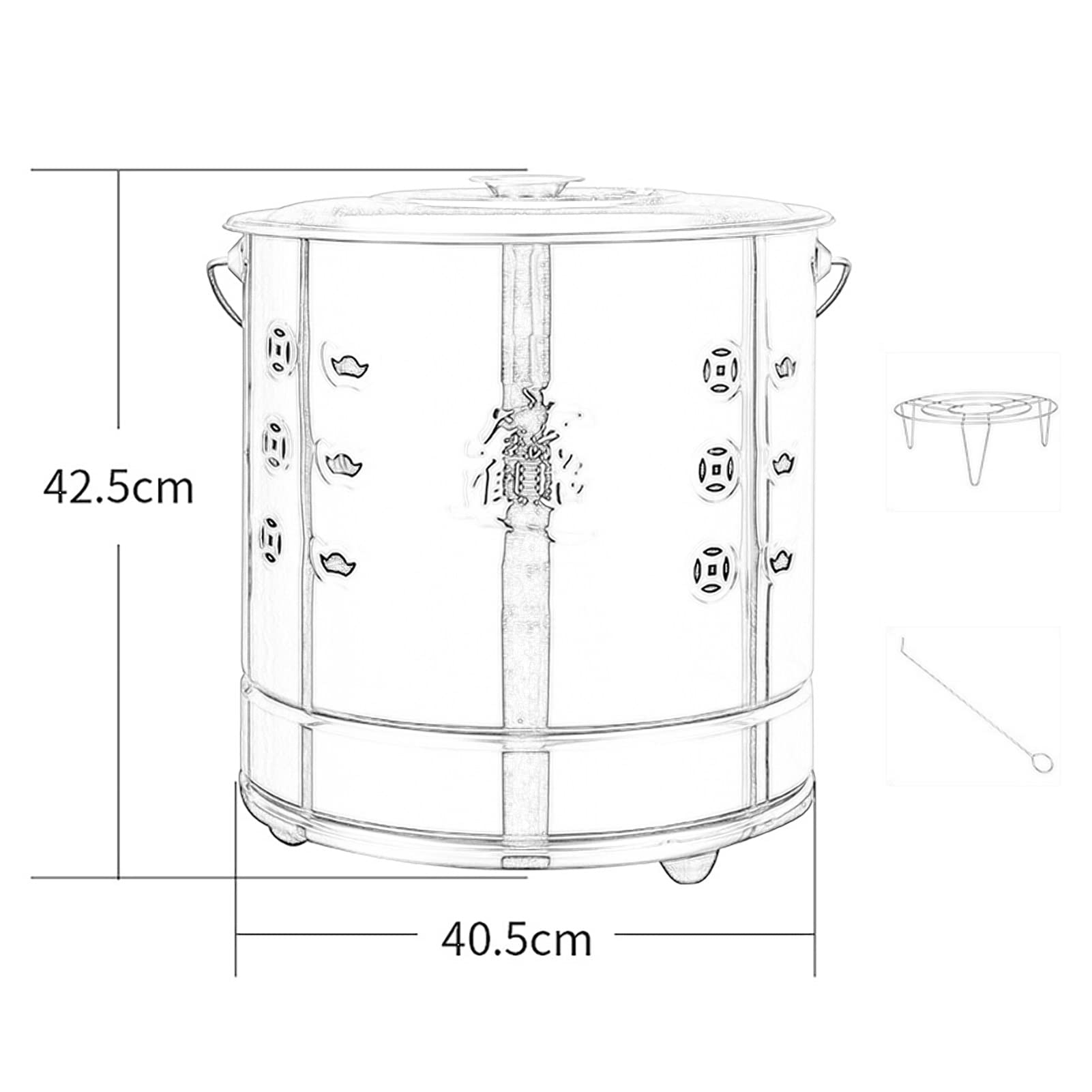 incinerador de Metales, Garden Incinerator Burning Fire Bin Paper Burning Barrel Stainless Steel Incinerator Burn Barrel Including Grid Frame, Fire Hook, Liner(Gold,42.5CM)