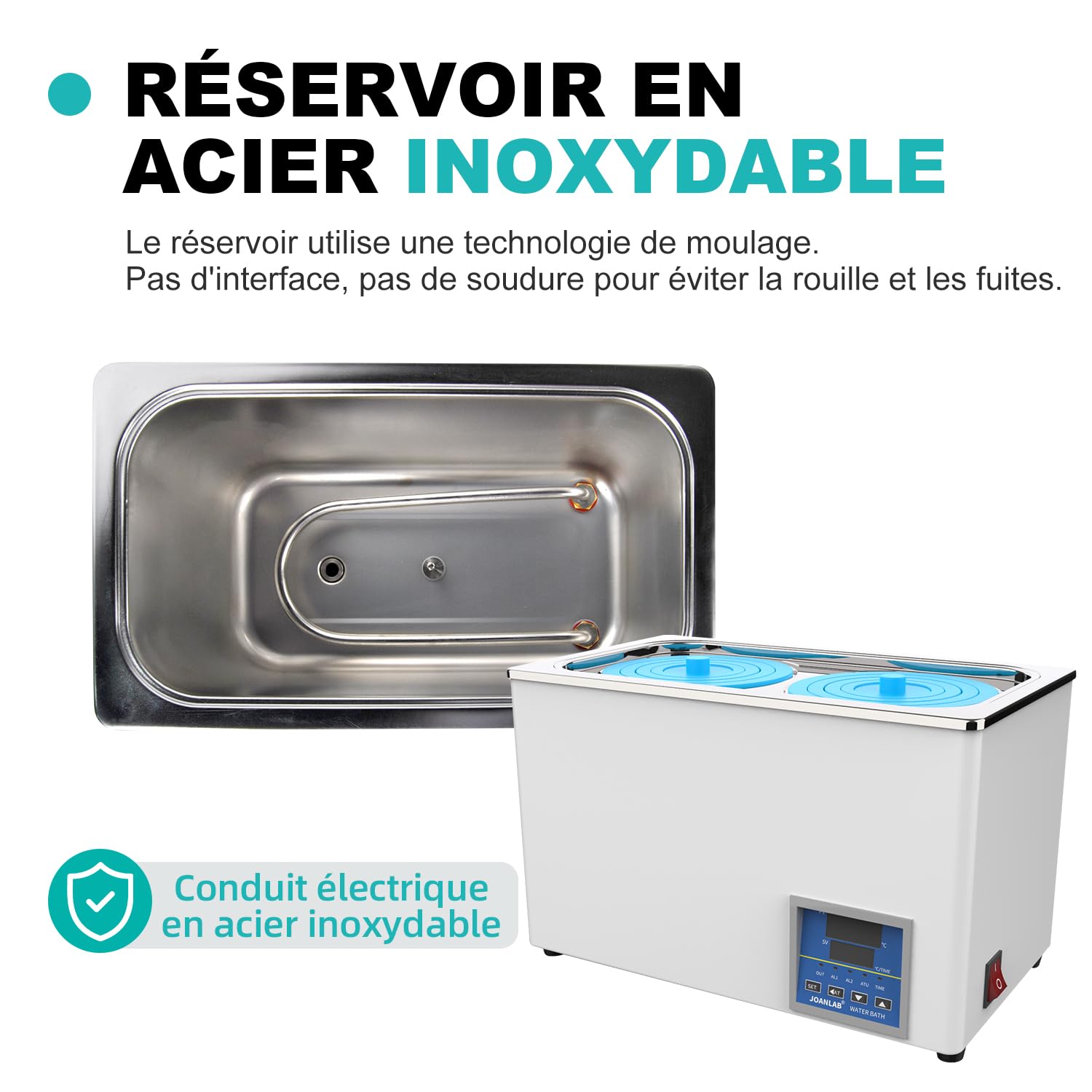 JOANLAB Bain-Marie Laboratoire 6L, 600W - Double Ouverture, Acier Inoxydable - Thermostat Numérique ±0,1°C - Minuterie 0-99 Min - Affichage LED