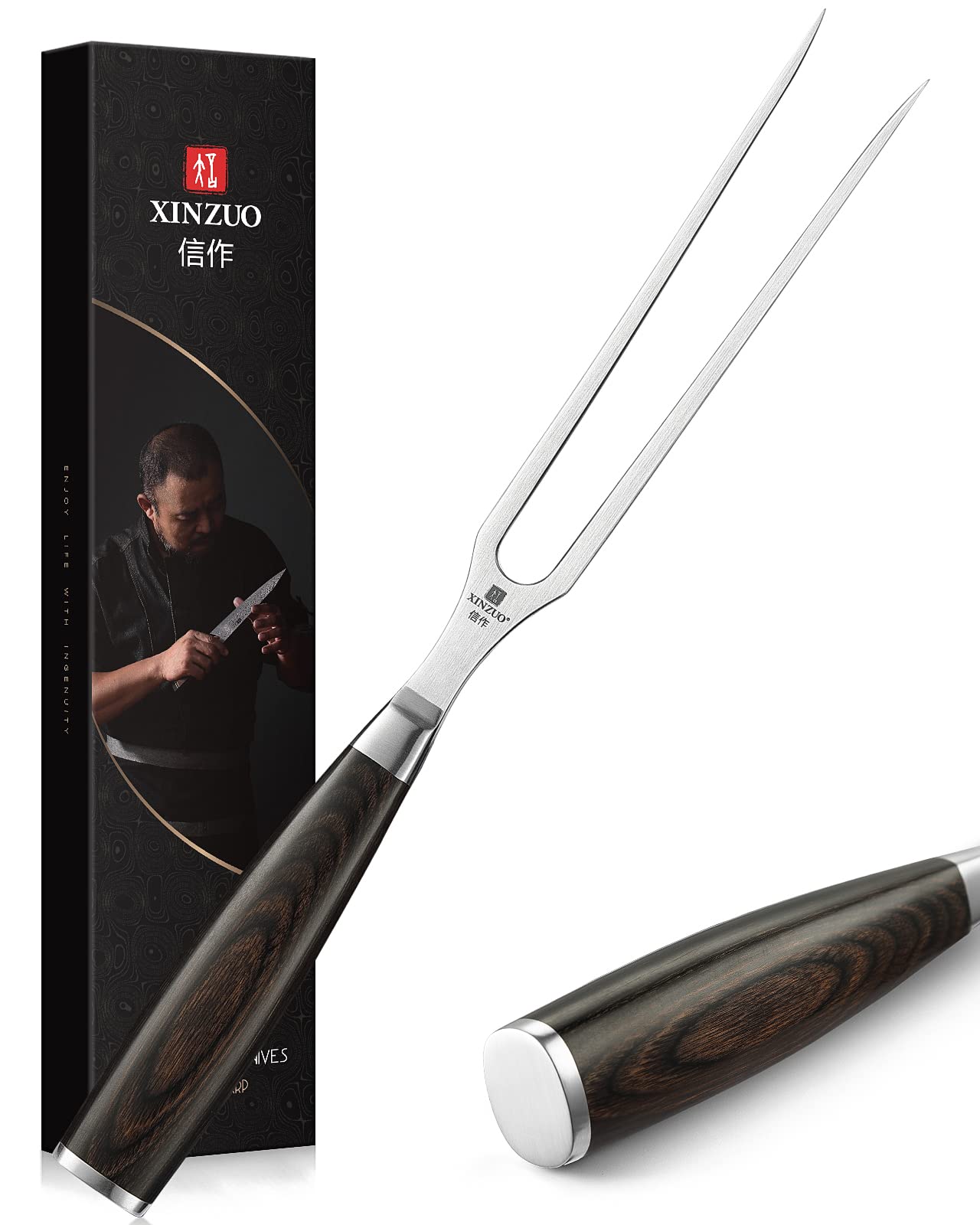 XINZUO 12.7 Inch Carving Meat Fork - Stainless Steel BBQ & Kitchen Tool, Ergonomic Pakkawood Handle, Gift Box