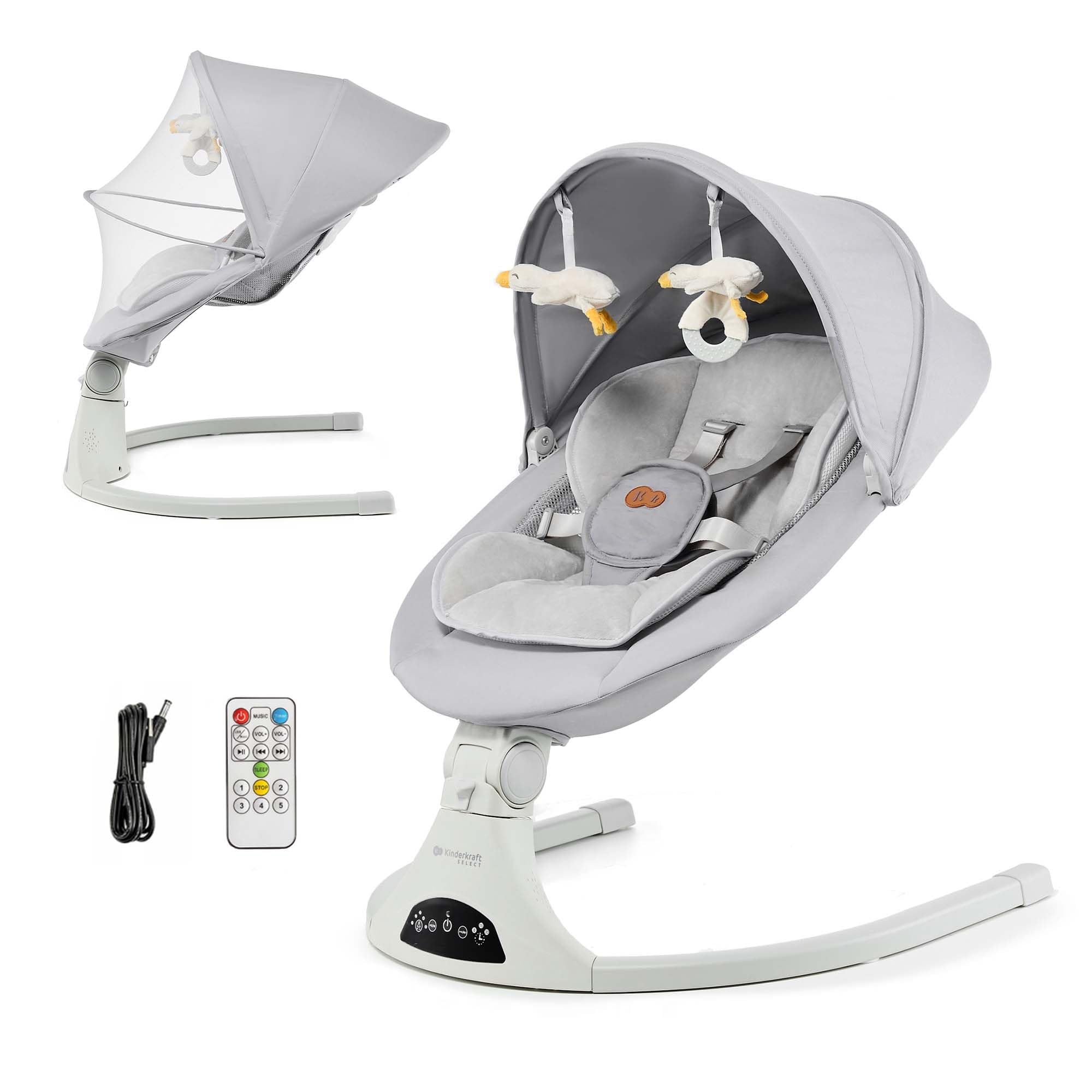 Kinderkraft TULSY Electric Hammock, 5 Intensity Levels, 12 Preset Melodies, Removable Toys, Adjustable, Lightweight, Bluetooth & USB, 5-Point Harness, Gray