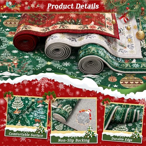 Madane Christmas Runner Rugs for Hallway 2x10 Long, Washable Non-Slip Green Hallway Rug Low-Pile Stair Kitchen Runner Soft Holiday Decor Throw Carpet for Entrance Living Dining Laundry Room