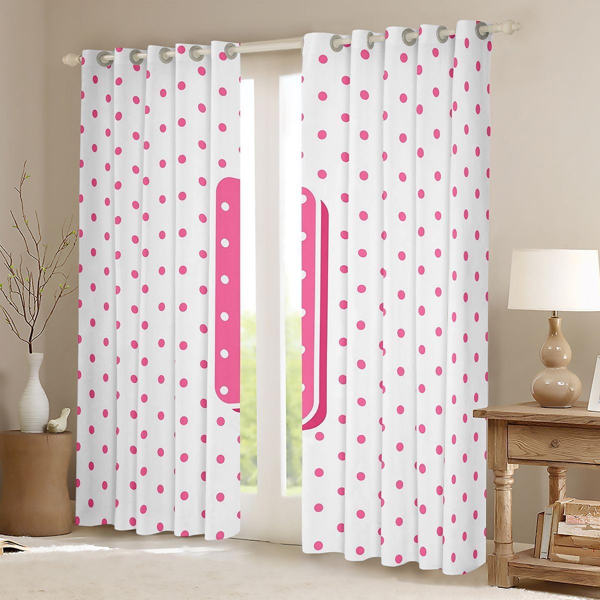 Feelyou Polka dots Curtains for Bedroom Living Room Personalized Initial I Blackout Shades Pink White Room Darkening Curtain Window Treatments, 2 Panels 42 x 90 Inch Decor image 2