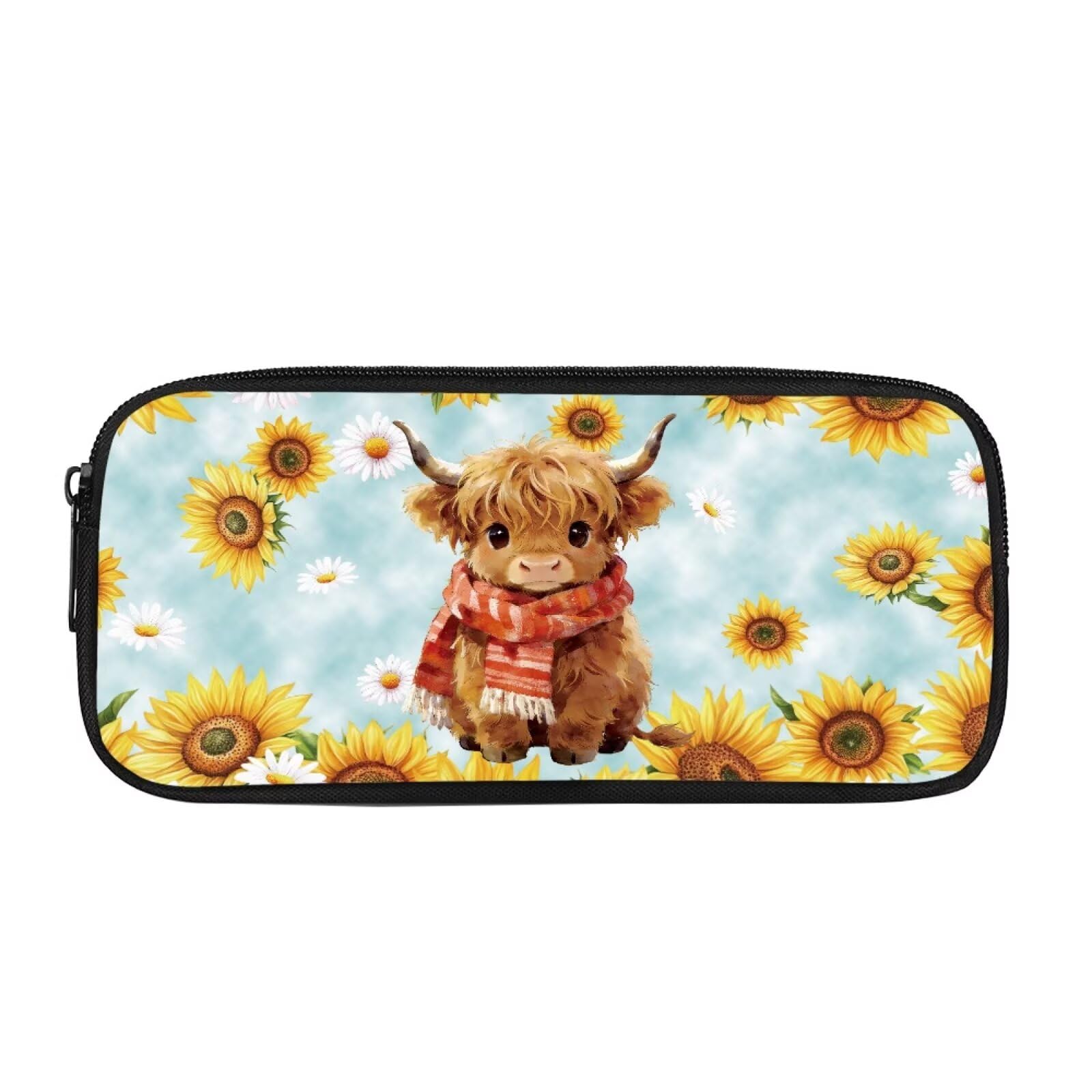 Coloranimal Sunflower Highland Cattle Pencil Case for Kids Pencil Bag for Girls Pen Pouch Bag with Zipper Large Capacity Kids Pen Pouch Pencil Box for School