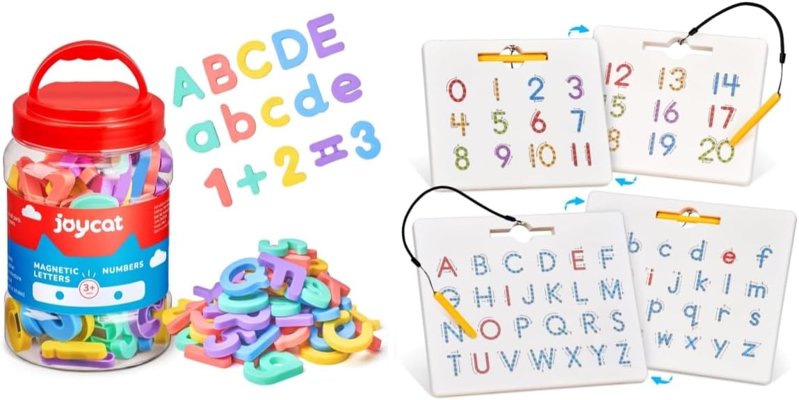 GAMENOTE Double Sided Magnetic Letter & Number Board Set + JoyCat Wooden Fridge Magnets for Toddlers, 50PCS Magnetic Color Sorting Refrigerator Toys