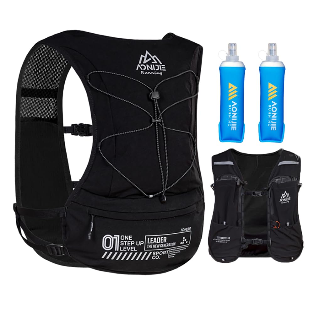 AWKSPORTS Chaleco de hidratación para correr de 5 litros para hombres y mujeres, ajustable y ligero, bolsillos delanteros y traseros para almacenamiento esencial