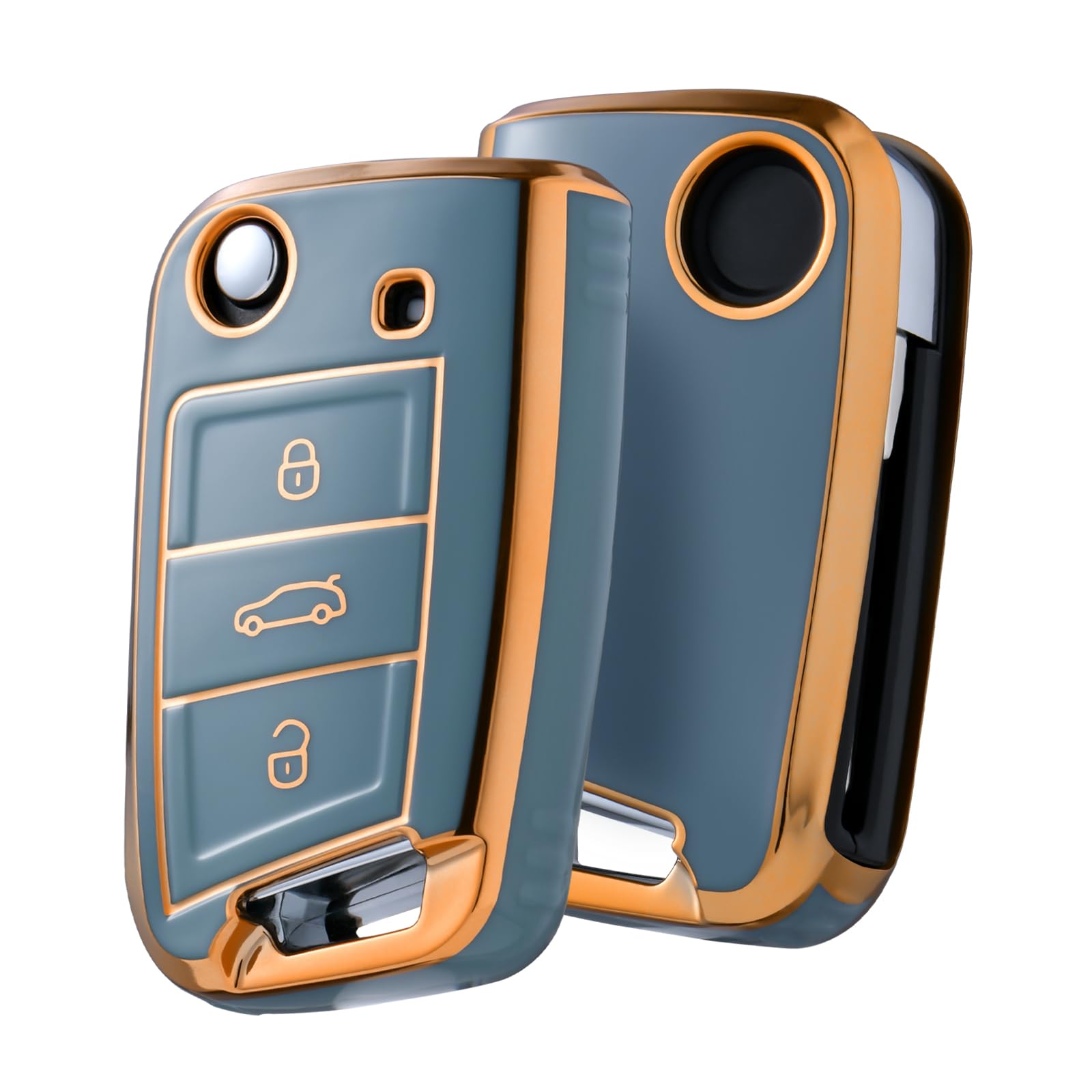 OATSBASF Car Key Case For VW, Key Case Compatible with VW Golf 7 MK7，Silicone Key Case, Key Box Cover for VW Polo, Skoda, Tiguan, 3 Buttons (gold trim-green) — view 8