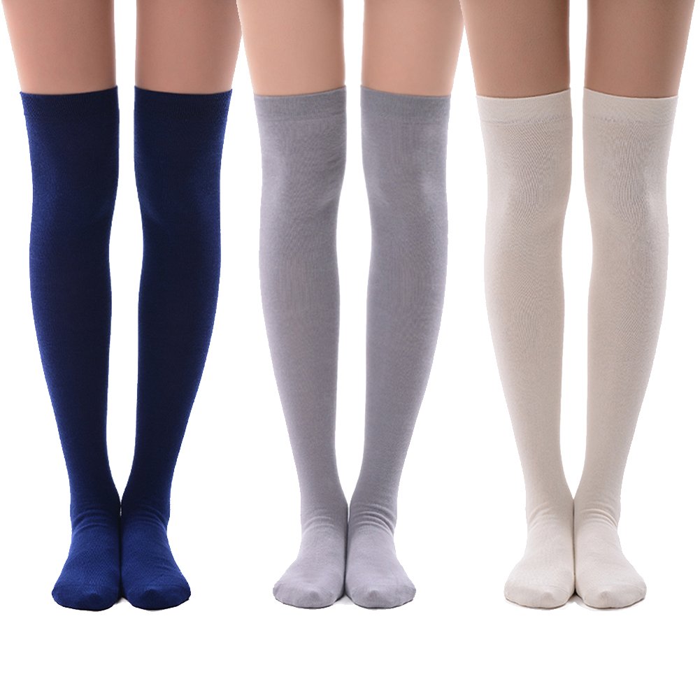 MEIKAN Thigh High Socks for Women, Fashion Cotton Cosplay Over Knee High Socks 3 Packs