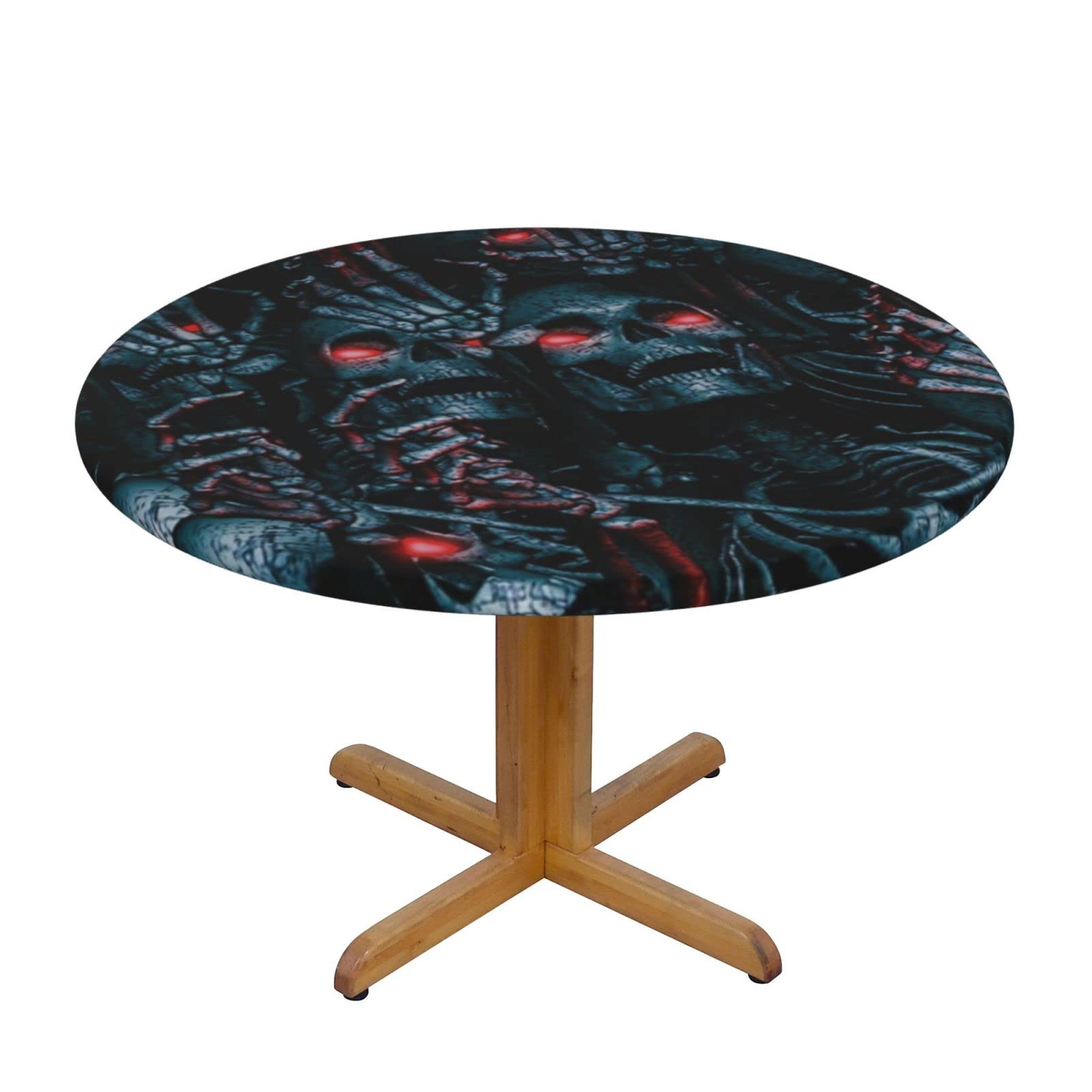 Lsjuee Round Fitted Tablecloth 45-50in Elastic Edged Table Cloth for Kitchen Dining Party Home Decor - Horror Death Skeleton Eyes Red