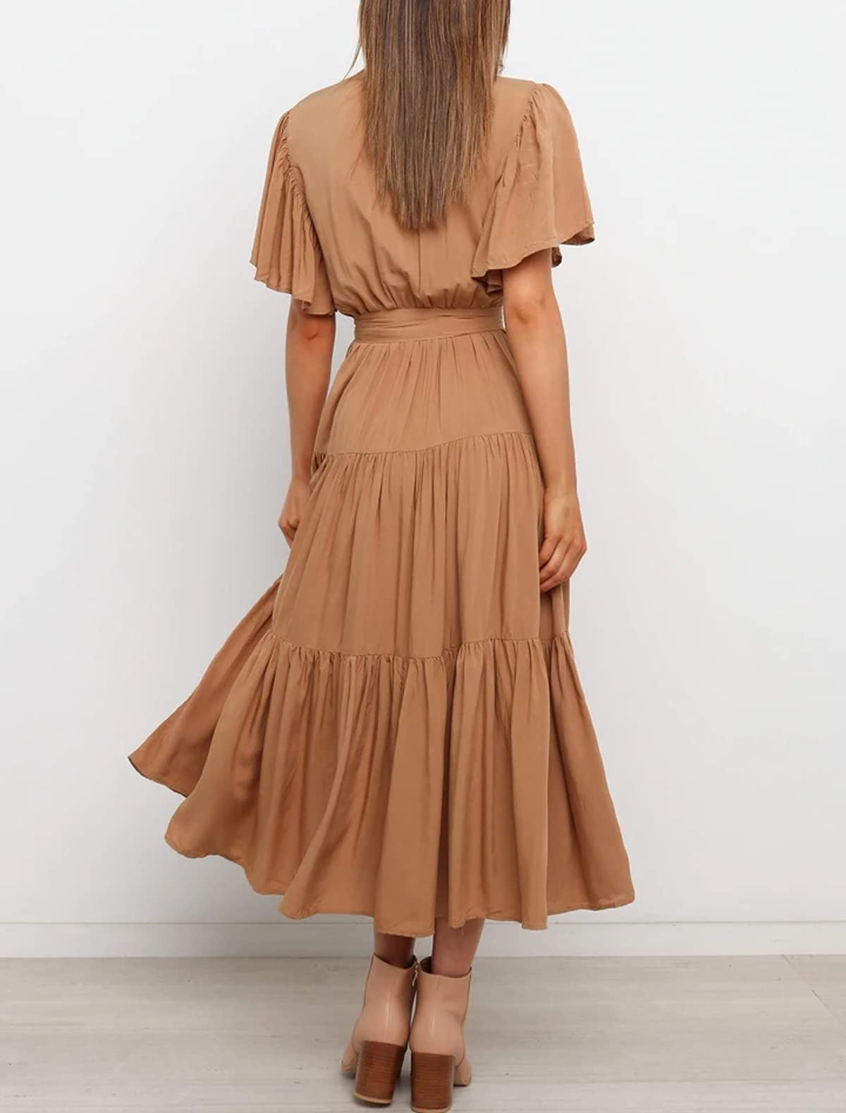 R.Vivimos Summer Dress for Women Cotton Ruffle Short Sleeves V Neck Casual Flowy Midi Dress with Belt