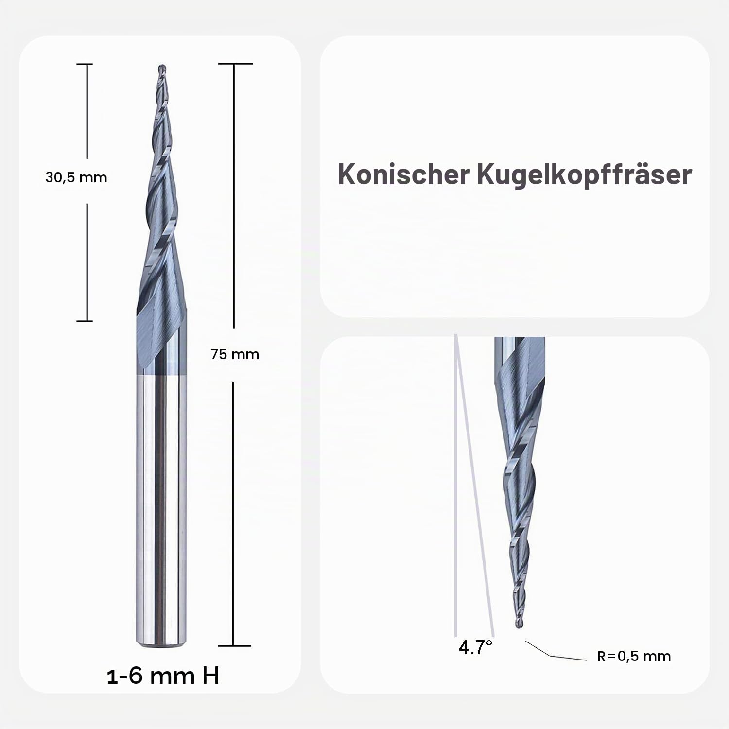 SpeTool VHM Kugelkopffräser Konische Fräser für Oberfräse CNC 2 Flöten 0,5 mm Radius Gravierfräser 6mm Schaft mit TiAlN Beschichtung Schaftfräser für 2D und 3D Gravur