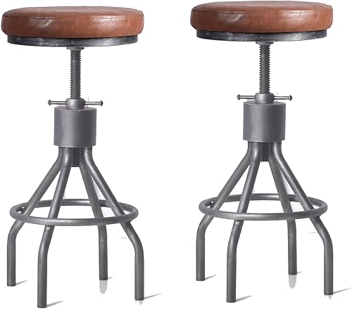 Miniatura 9 de LOKKHAN Juego de 2 taburetes de bar industriales, taburetes de bar giratorios de metal redondo de madera ajustable vintage, hierro fundido, 23-30