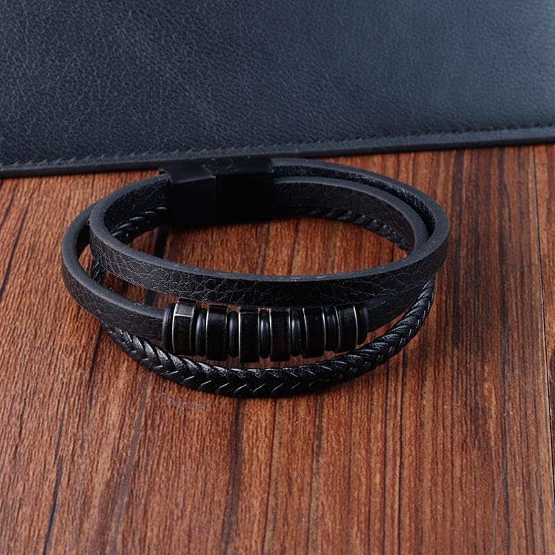 Image of THE MEN THING Leather Bracelet for Men - American Style Genuine Leather Multi-Layer Braided Bracelet with 100% Stainless Steel Magnetic Buckle for Men & Boys (8 inch)