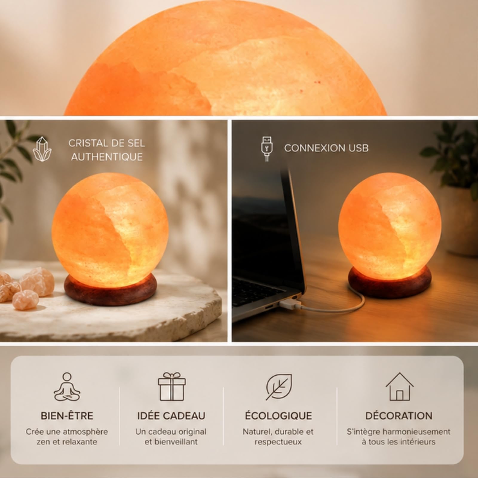 Lampe USB en Cristal de Sel d'Himalaya Naturel Sphère - 100% Authentique - Sculpté à la Main – Base en Bois – Câble Électrique USB Fourni - Environ 500g - Zen’Light, Orange