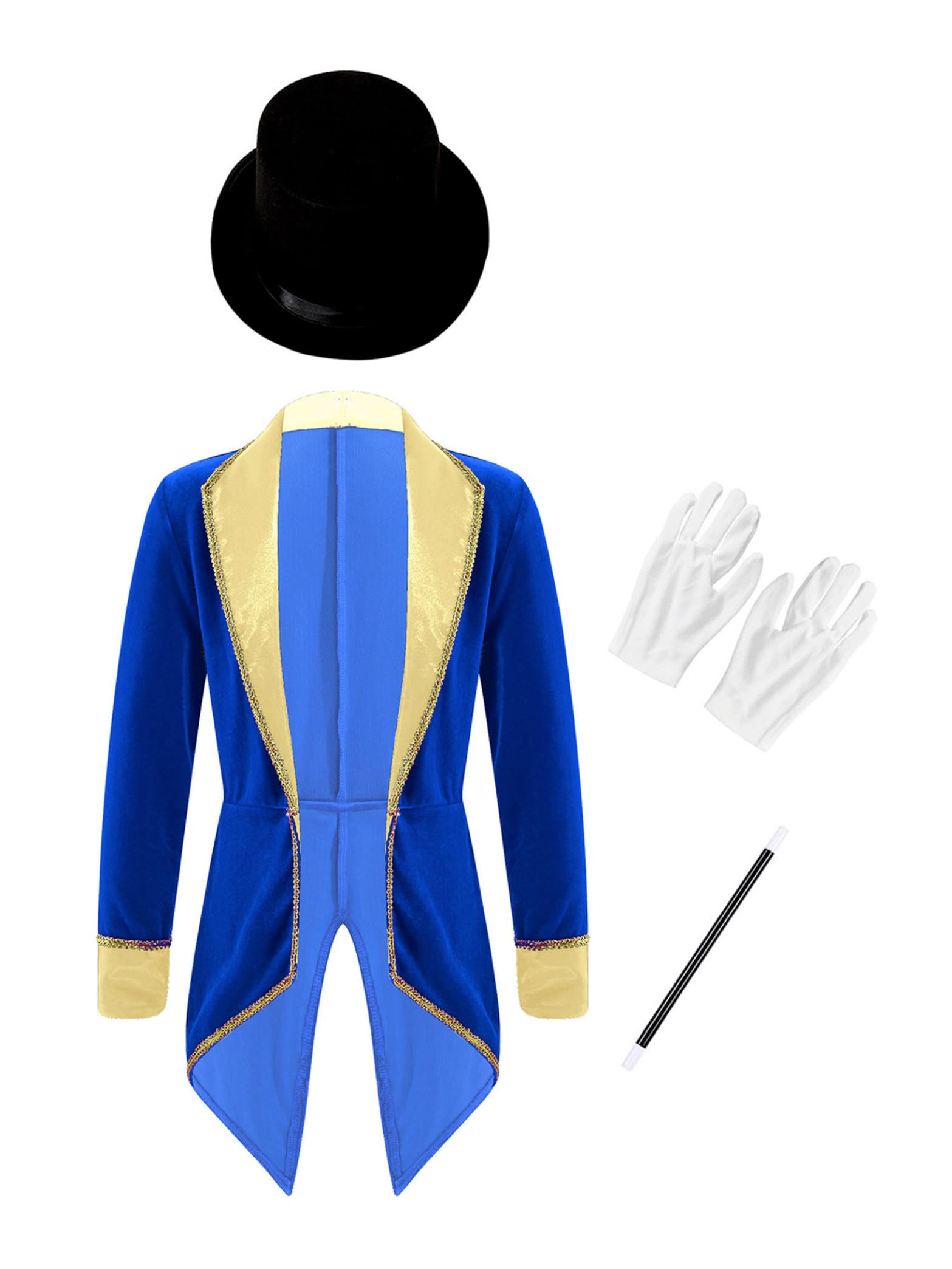 Kvysinly Boys Girls Halloween Circus Ringmaster Outfit Long Sleeve Lapel Tailcoat with Hat Magic Wand Gloves Royal Blue 5-6 Years