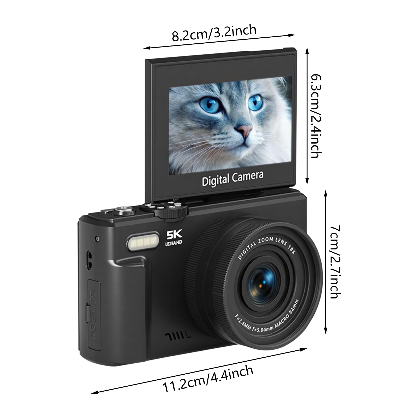 Cámara digital, 4K 64MP, flip 180°, zoom 18X, enfoque automático, negro | CMOS,3" LCD,LED,9 Modos,120fps,TF 128GB,0.4kg,11cm,USB-C,BL-5C,Weitwinkel,Makro,Vlog,Reise,Principiante,Schwarz