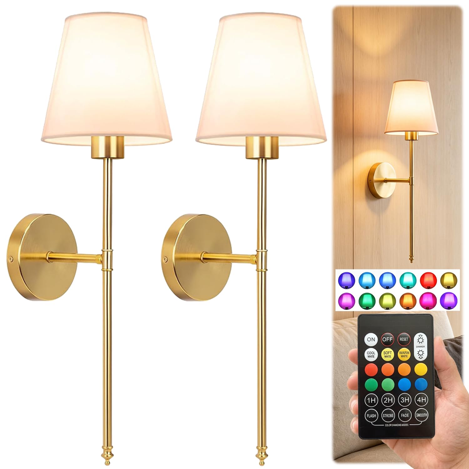 Lengsuaa Gold Wireless Rechargeable Wall Lights Indoor, 2Pcs Wireless Sconces With 5000Mah Dimmable Detachable Charging Bulbs And Remote, 3 Color Temperature For Living Room Hallway Bedroom