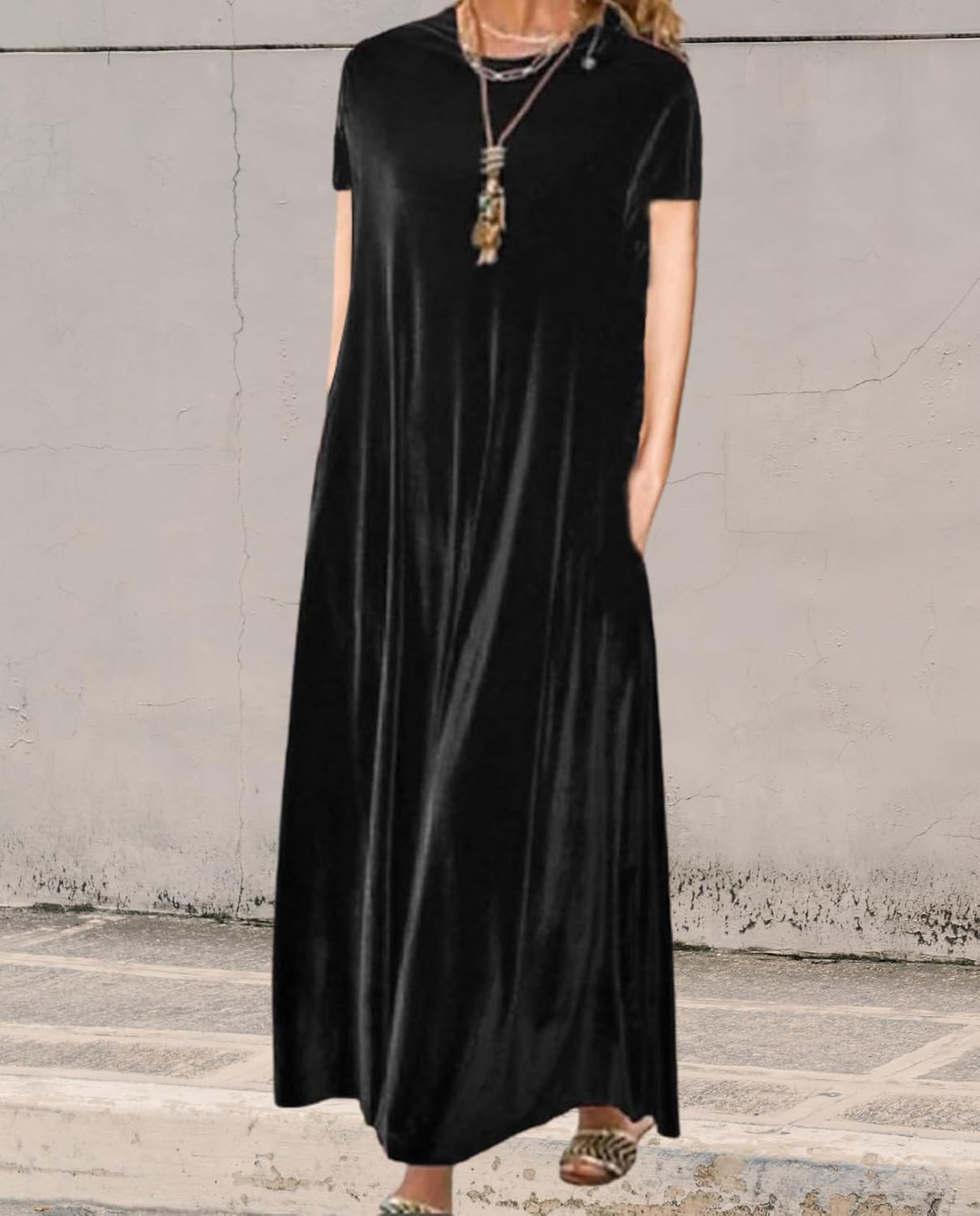 Ladies Velvet Maxi Dress Fall Elegant Cocktail Dress for Woman Loose Flowy Tshirt Long Wedding Guest DressCewneck - Image 5
