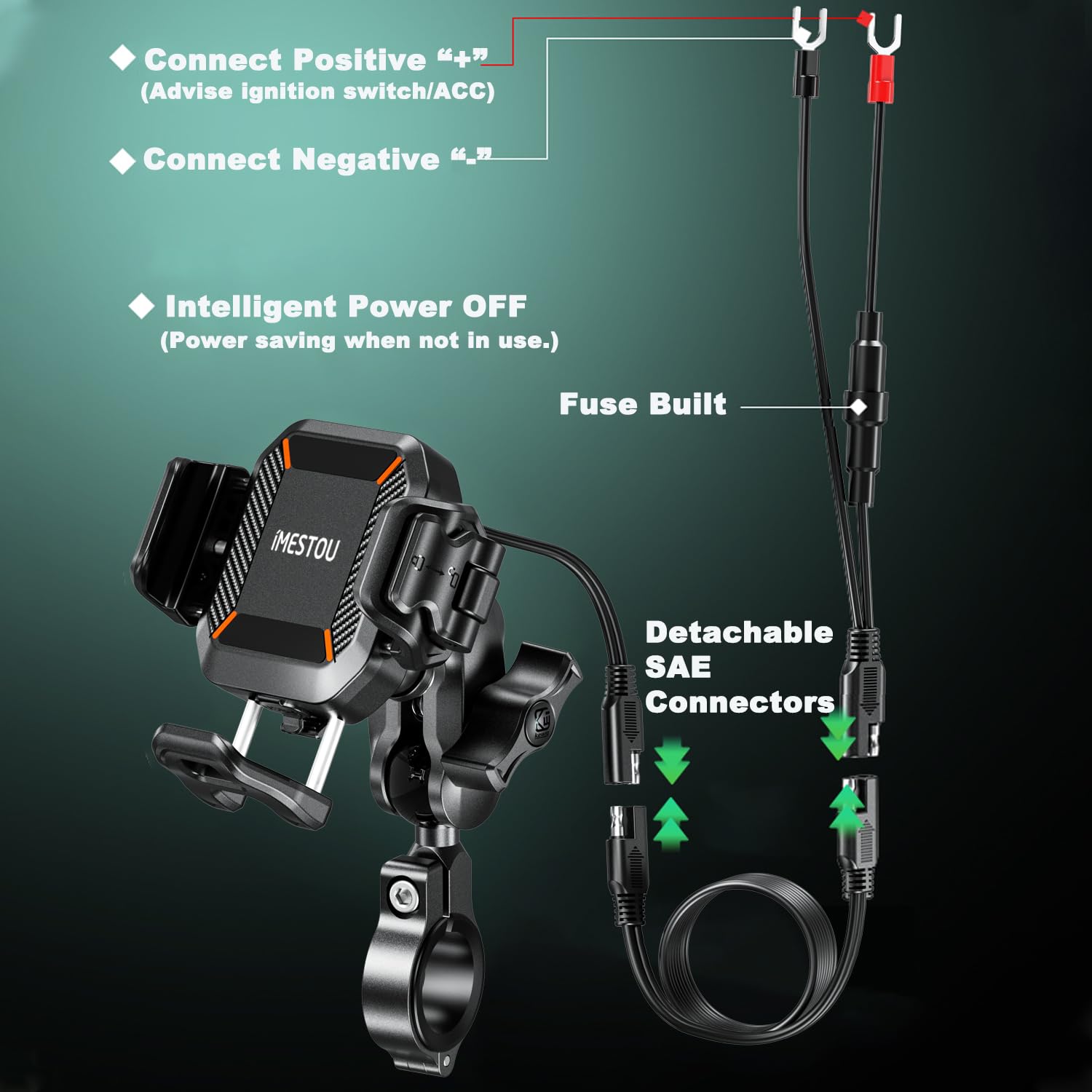 iMESTOU Motocyklowy bezprzewodowy uchwyt na telefon USB C, antywibracyjny, antykradzieżowy, kulkowy uchwyt Qi, pasuje do telefonów o grubości do 15 mm, pasuje do kierownic 22-32 mm, pasuje do pojazdów