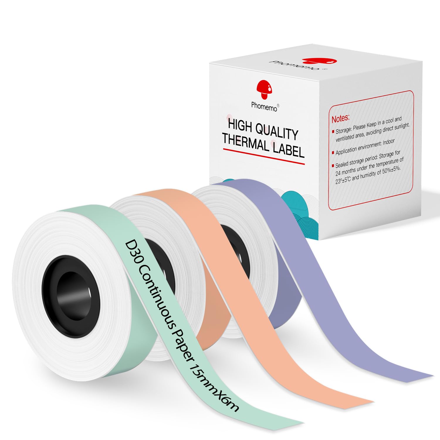 Phomemo D30 Continuous Color Labels Paper, for D35 Q30 Q31 Q32 Q30S Label Maker, Thermal Printing Inkless & Clean Labels Black On Mint Green, Light